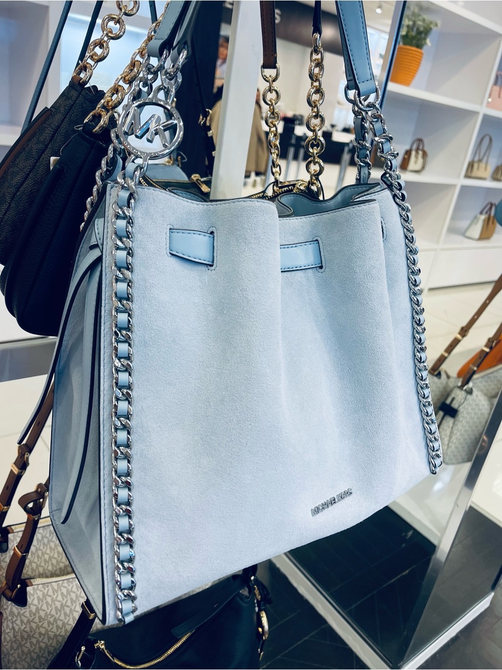 Michael Kors Mina Lg Suede Chain Shoulder Bag Pale Ocean Blue Leather NWT - Picture 1 of 16